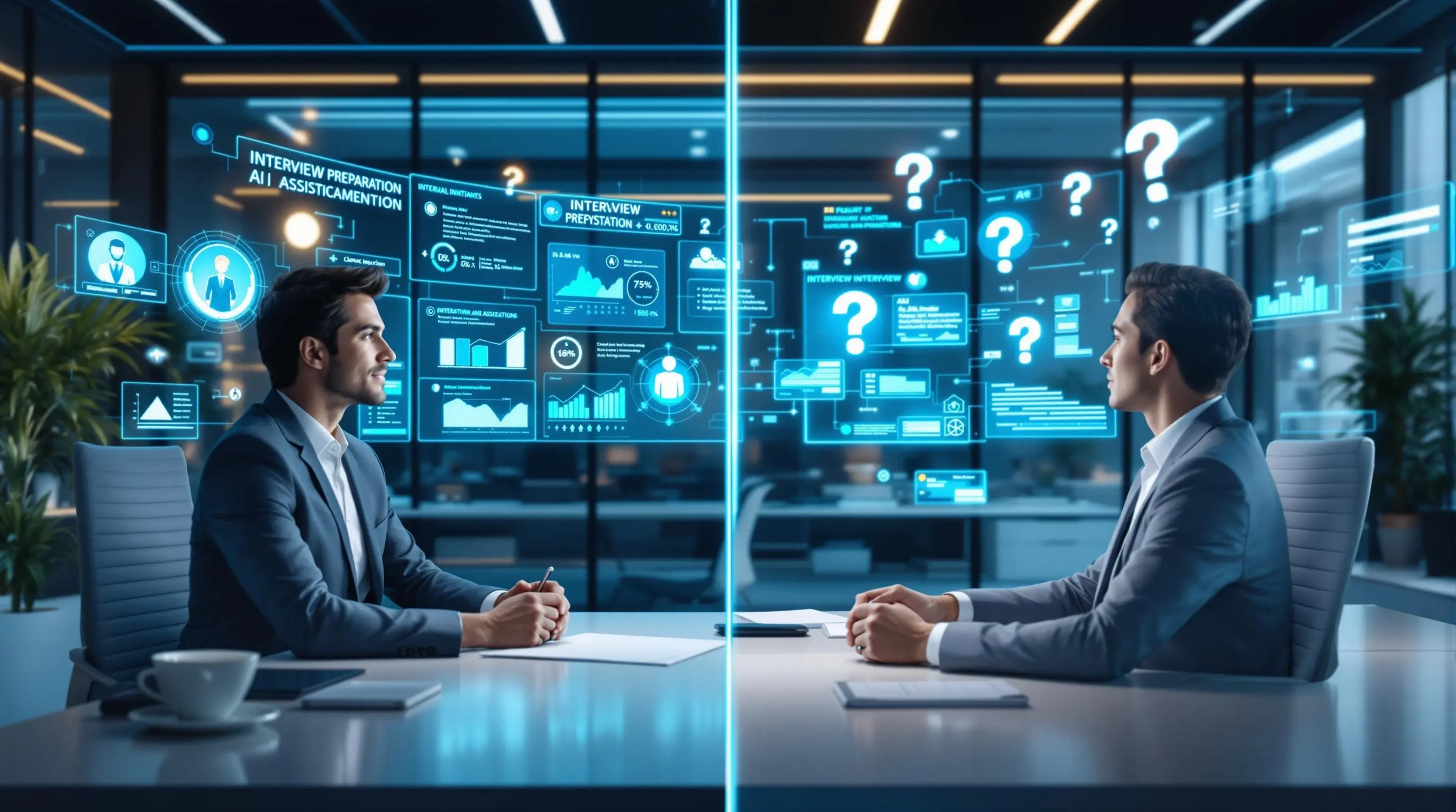 Professional using AI-powered interview preparation tools in a modern office setting, demonstrating modern career development techniques